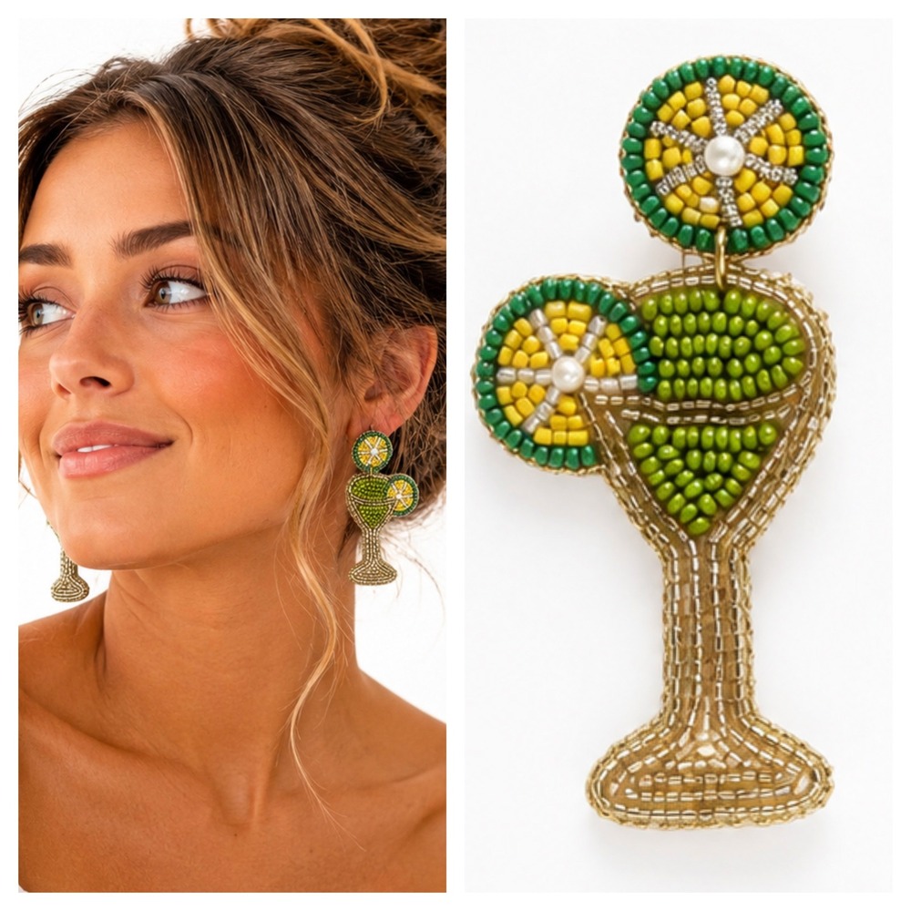 Kay Lee Beaded Margarita Cocktail Statement Earrings Green Yellow Tropical New